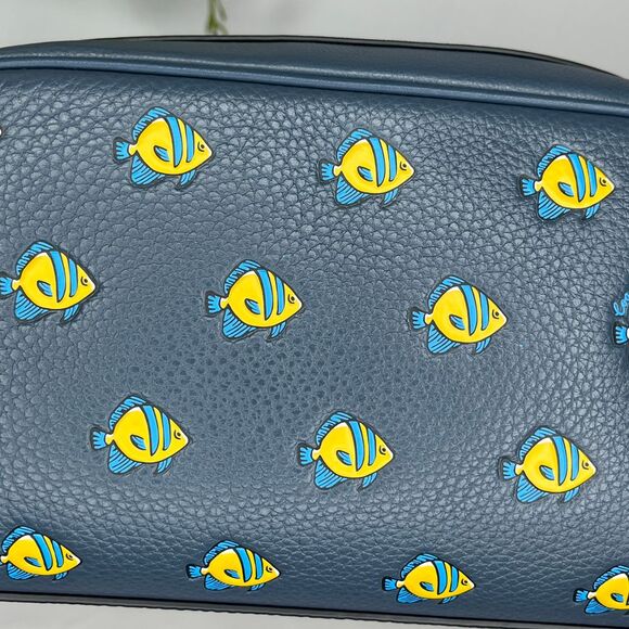 Coach New York Navy Blue Leather Cosmetic Bag, Yellow Fish Print, Dust Bag, NWT - Picture 5 of 13